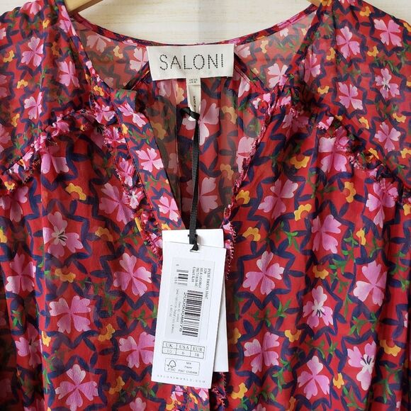 Saloni Pixie Silk Chiffon Floral Print Ruffled Mini Dress Size 6 Pink Red - Picture 9 of 16